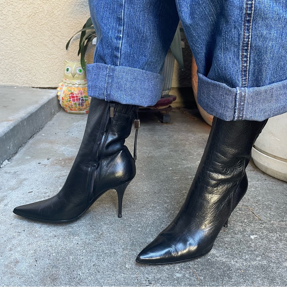 Vintage black Burberry leather booties with metallic heels